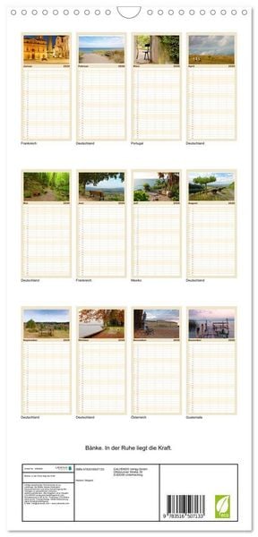 Produktbild: Familienplaner 2026 - B&auml;nke. In der Ruhe liegt die Kraft. mit 5 Spalten (Wandkalender, 21 x 45 cm) CALVENDO