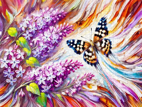 Produktbild: CALVENDO Puzzle Waldbrettspielfalter an Flieder in &Ouml;lmalerei | 1000 Teile Lege-Gr&ouml;&szlig;e 64x48cm Foto-Puzzle f&uuml;r gl&uuml;ckliche Stunden
