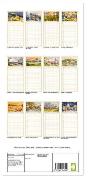 Produktbild: Familienplaner 2026 - Dresden und das Elbtal - Ein Aquarellkalender von Claudia Pinkau mit 5 Spalten (Wandkalender, 21 x 45 cm) CALVENDO