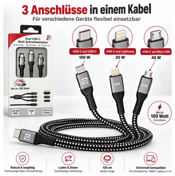 Produktbild: IWH USB-Ladekabel USB-C&reg;, USB-Micro-A Buchse, Apple Lightning Stecker 1.20m 019057