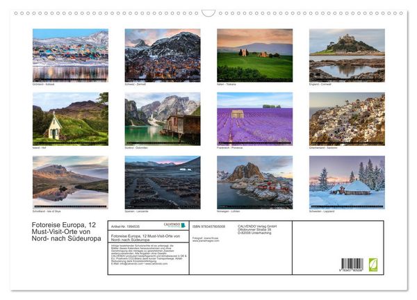 Produktbild: Fotoreise Europa, 12 Must-Visit-Orte von Nord- nach S&uuml;deuropa (Wandkalender 2026 DIN A2 quer), CALVENDO Monatskalender