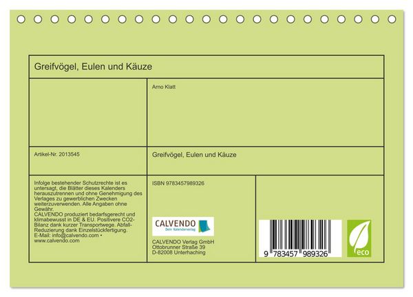 Produktbild: Greifv&ouml;gel, Eulen und K&auml;uze (Tischkalender 2026 DIN A5 quer), CALVENDO Monatskalender