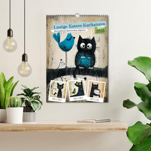 Produktbild: Lustige Katzen-Karikaturen - Minimalistischer Spa&szlig; mit Maus, Vogel und Co (Wandkalender 2026 DIN A3 hoch), CALVENDO Monatskalender
