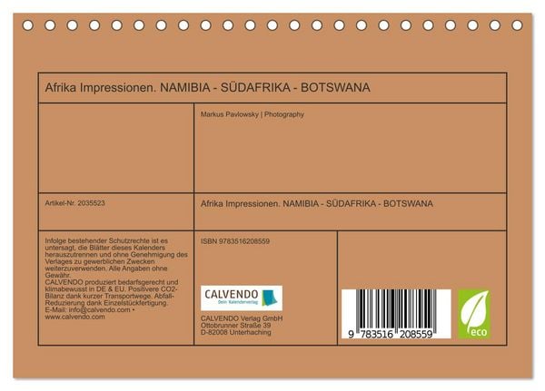 Produktbild: Afrika Impressionen. NAMIBIA - S&Uuml;DAFRIKA - BOTSWANA (Tischkalender 2026 DIN A5 quer), CALVENDO Monatskalender