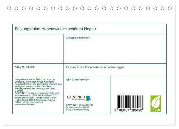 Produktbild: Festungsruine Hohentwiel im sch&ouml;nen Hegau (Tischkalender 2026 DIN A5 quer), CALVENDO Monatskalender