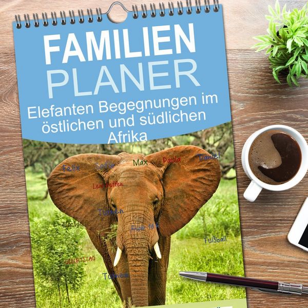 Produktbild: Familienplaner 2026 - Elefanten Begegnungen im &ouml;stlichen und s&uuml;dlichen Afrika mit 5 Spalten (Wandkalender, 21 x 45 cm) CALVENDO