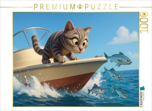 CALVENDO Puzzle Kommt ein kleines Stück näher - Cartoon Katze beim Fischfang | 1000 Teile Lege-Größe 64x48cm Foto-Puzzle für glückliche Stunden
