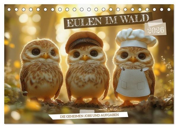 Produktbild: Eulen im Wald - Die geheimen Jobs und Aufgaben (Tischkalender 2026 DIN A5 quer), CALVENDO Monatskalender