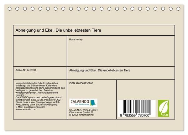 Produktbild: Abneigung und Ekel. Die unbeliebtesten Tiere (Tischkalender 2027 DIN A5 quer), CALVENDO Monatskalender