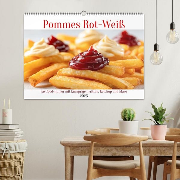 Produktbild: Pommes Rot-Wei&szlig; - Fastfood-Humor mit knusprigen Fritten, Ketchup und Mayo (Wandkalender 2026 DIN A2 quer), CALVENDO Monatskalender