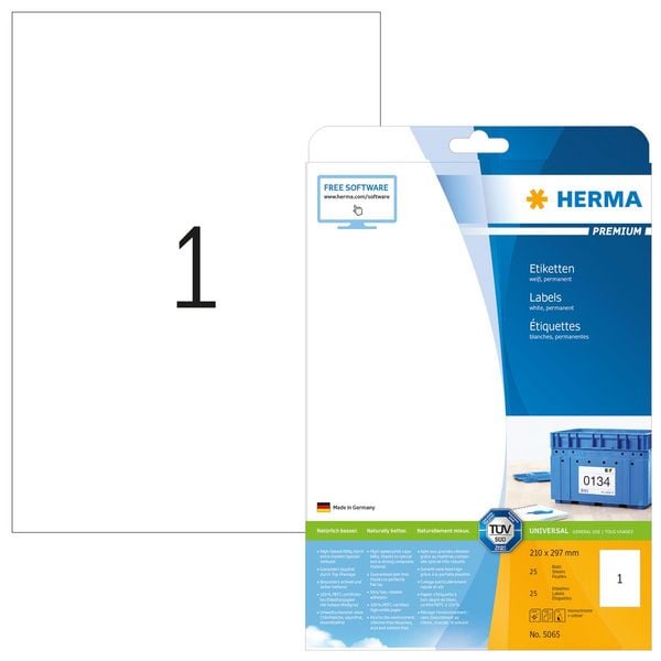 Produktbild: HERMA Etiketten permanent wei&szlig; 210x297mm 25 Blatt 25 St&uuml;ck