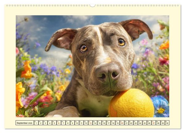 Produktbild: Pit Bull Terrier. Zwischen Wildblumen und Gro&szlig;stadtglanz (hochwertiger Premium Wandkalender 2026 DIN A2 quer), Kunstdruck in Hochglanz