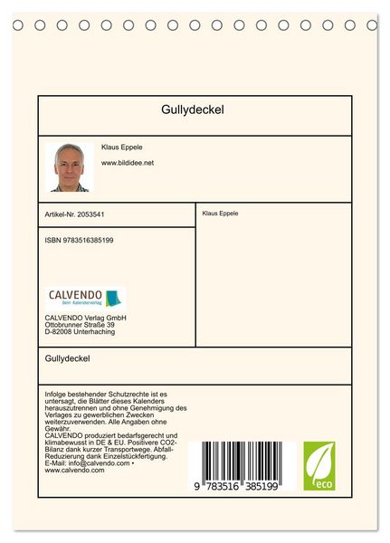Produktbild: Gullydeckel (Tischkalender 2026 DIN A5 hoch), CALVENDO Monatskalender