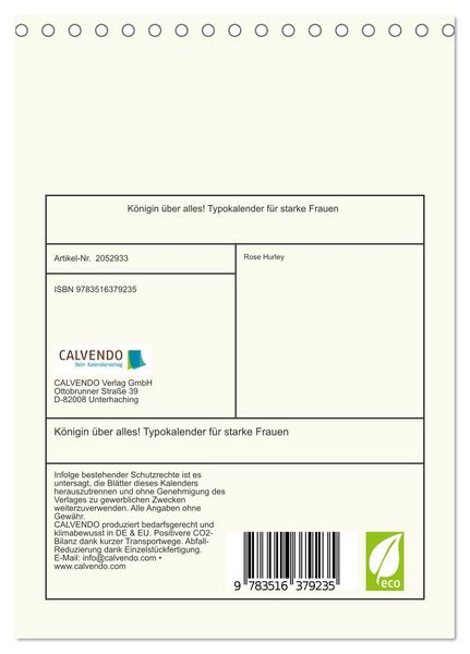 Produktbild: K&ouml;nigin &uuml;ber alles! Typokalender f&uuml;r starke Frauen (Tischkalender 2026 DIN A5 hoch), CALVENDO Monatskalender