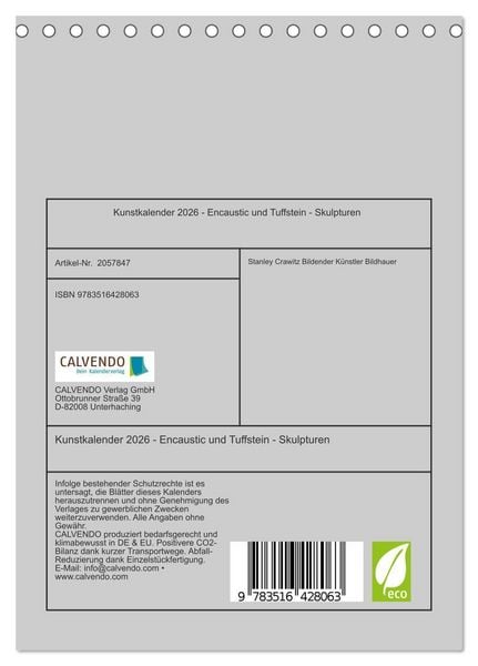 Produktbild: Kunstkalender 2026 - Encaustic und Tuffstein - Skulpturen (Tischkalender 2026 DIN A5 hoch), CALVENDO Monatskalender