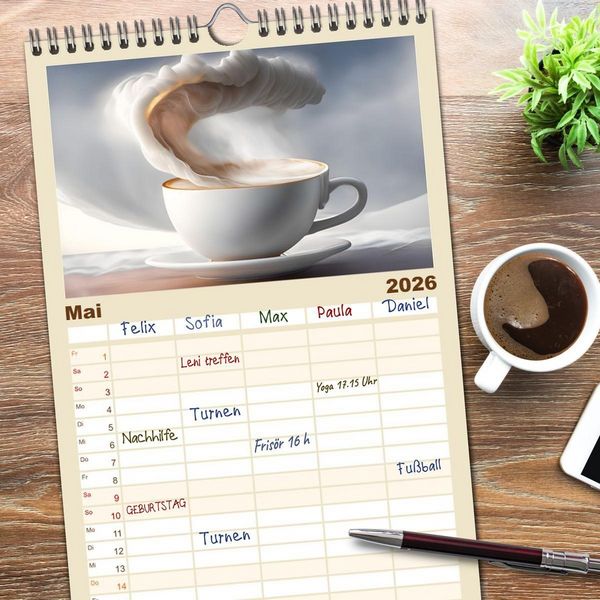 Produktbild: Familienplaner 2026 - Kaffe mal anders geniessen mit 5 Spalten (Wandkalender, 21 x 45 cm) CALVENDO