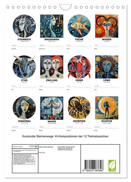 Produktbild: Kunstvolle Sternenwege: KI-Kompositionen der 12 Tierkreiszeichen (Wandkalender 2026 DIN A4 hoch), CALVENDO Monatskalender
