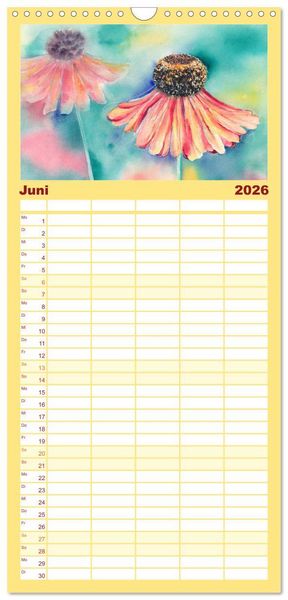 Produktbild: Familienplaner 2026 - Blumenaquarelle aus der N&auml;he mit 5 Spalten (Wandkalender, 21 x 45 cm) CALVENDO