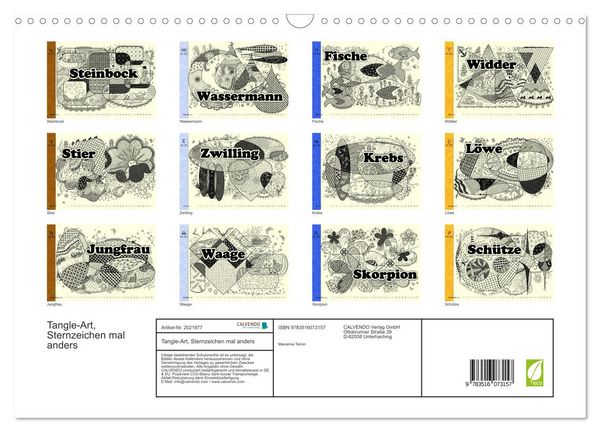 Produktbild: Tangle-Art, Sternzeichen mal anders (Wandkalender 2026 DIN A3 quer), CALVENDO Monatskalender