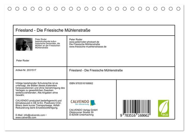 Produktbild: Friesland - Die Friesische M&uuml;hlenstra&szlig;e (Tischkalender 2026 DIN A5 quer), CALVENDO Monatskalender