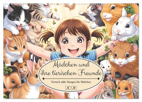 Produktbild: M&auml;dchen und ihre tierischen Freunde - Tierisch s&uuml;&szlig;e Mangas f&uuml;r M&auml;dchen (Wandkalender 2026 DIN A2 quer), CALVENDO Monatskalender
