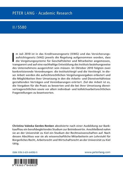 Produktbild: Die Umsetzung aufsichtsrechtlicher Anforderungen an Verg&uuml;tungssysteme in Instituten und Versicherungsunternehmen aus Sicht des Arbeits- und Dienstvert