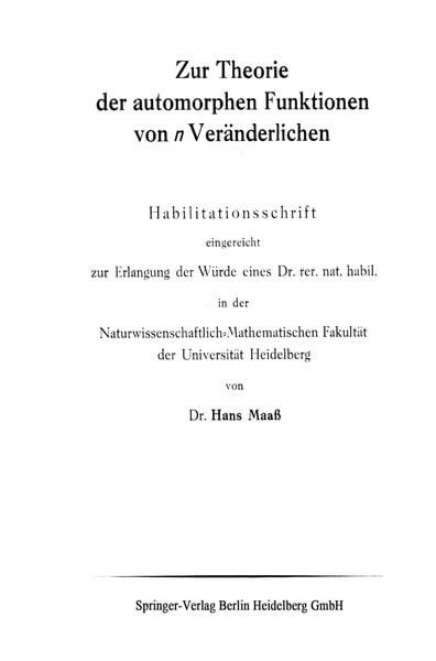 Zur Theorie der automorphen Funktionen von n Veränderlichen, Taschenbuch von Hans Maass, Springer Berlin, 9783662279182