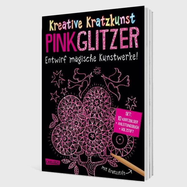 Produktbild: Kratzbilder f&uuml;r Kinder: Kreative Kratzkunst: Pink Glitzer: Set mit 10 Kratzbildern, Anleitungsbuch und Holzstift