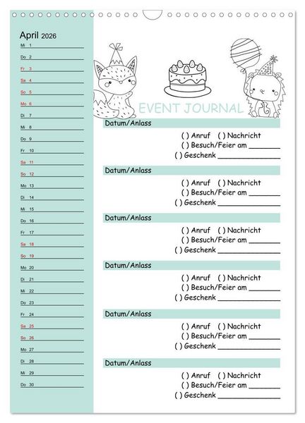 Produktbild: Geburtstagsplaner Doodle Tiere - F&uuml;r Termine, Geschenke, Eventdetails & mehr (Wandkalender 2026 DIN A3 hoch), CALVENDO Monatskalender