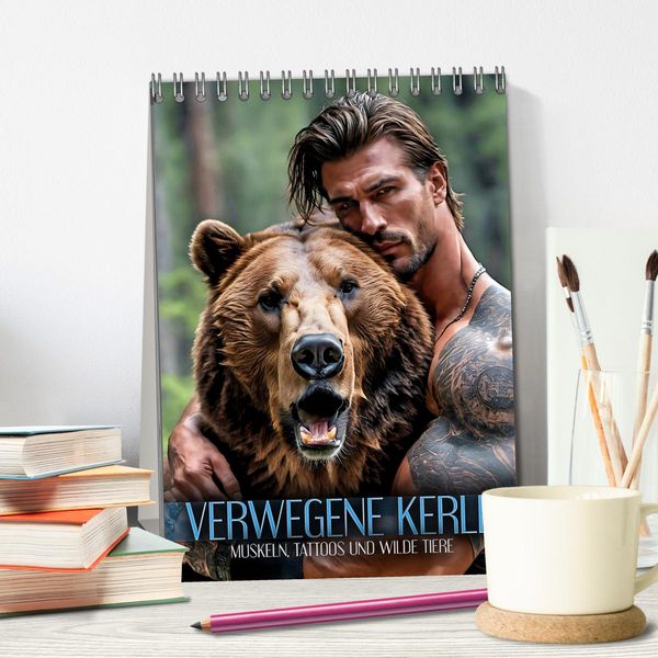 Produktbild: Verwegene Kerle - Muskeln, Tattoos und wilde Tiere (Tischkalender 2026 DIN A5 hoch), CALVENDO Monatskalender