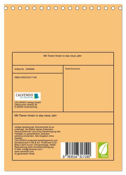 Produktbild: Mit Tieren hinein in das neue Jahr (Tischkalender 2026 DIN A5 hoch), CALVENDO Monatskalender