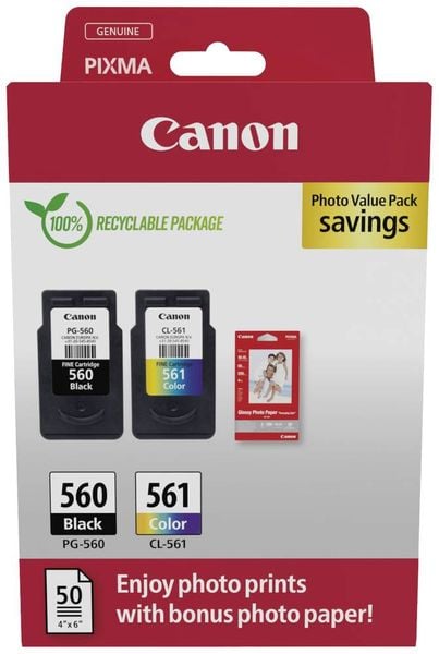 Produktbild: Canon Druckerpatrone PG-560/CL-561 Photo Value Pack (PVP) Original 2er-Pack Schwarz, Cyan, Magenta, Gelb 3713C008