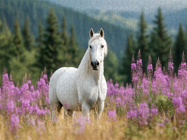 Produktbild: CALVENDO Puzzle Majest&auml;tischer Lipizzaner auf Blumenwiese | 1000 Teile Lege-Gr&ouml;&szlig;e 64x48cm Foto-Puzzle f&uuml;r gl&uuml;ckliche Stunden