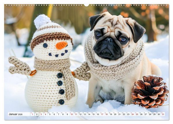 Produktbild: Mops-Mania - Der Spa&szlig;kalender f&uuml;r Mops-Fans (hochwertiger Premium Wandkalender 2026 DIN A2 quer), Kunstdruck in Hochglanz