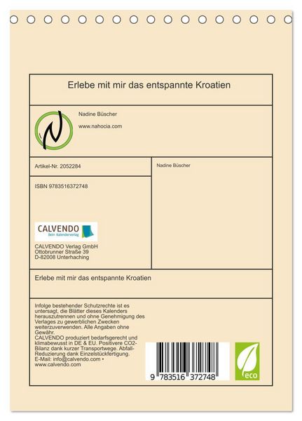 Produktbild: Erlebe mit mir das entspannte Kroatien (Tischkalender 2026 DIN A5 hoch), CALVENDO Monatskalender