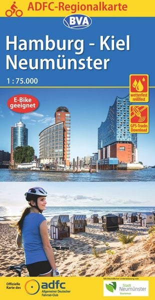 Produktbild: ADFC-Regionalkarte Hamburg/Neum&uuml;nster/Kiel 1:75.000, rei&szlig;- und wetterfest, mit GPS-Tracks-Download