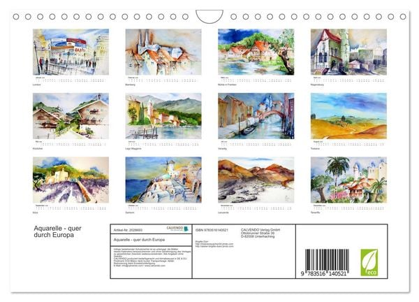 Produktbild: Aquarelle - quer durch Europa (Wandkalender 2026 DIN A4 quer), CALVENDO Monatskalender