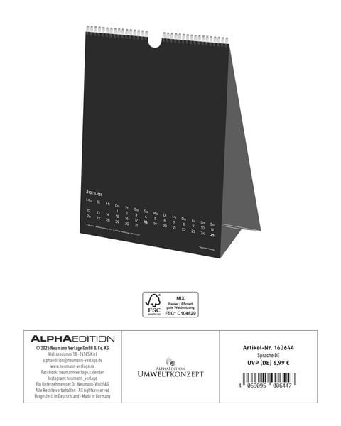 Produktbild: Kreativ-Kalender Tischaufsteller hoch schwarz 2026 - 16 x 20 - Foto, Malen, Basteln A4 - datiert - Kreativkalender - Foto-Kalender - Alpha Edition