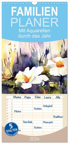 Familienplaner 2026 - Mit Aquarellen durch das Jahr mit 5 Spalten (Wandkalender, 21 x 45 cm) CALVENDO