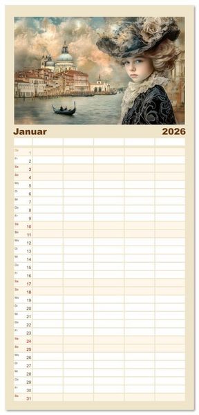 Produktbild: Familienplaner 2026 - Venezianischer Stil - In dezenten Farbt&ouml;nen mit 5 Spalten (Wandkalender, 21 x 45 cm) CALVENDO