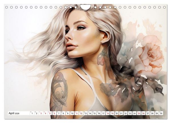 Produktbild: Tattoo trifft Kunst - Starke Tattoos treffen auf sanftes Aquarell (Wandkalender 2026 DIN A4 quer), CALVENDO Monatskalender