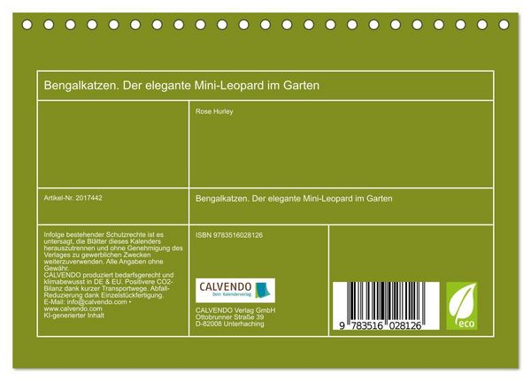 Produktbild: Bengalkatzen. Der elegante Mini-Leopard im Garten (Tischkalender 2026 DIN A5 quer), CALVENDO Monatskalender