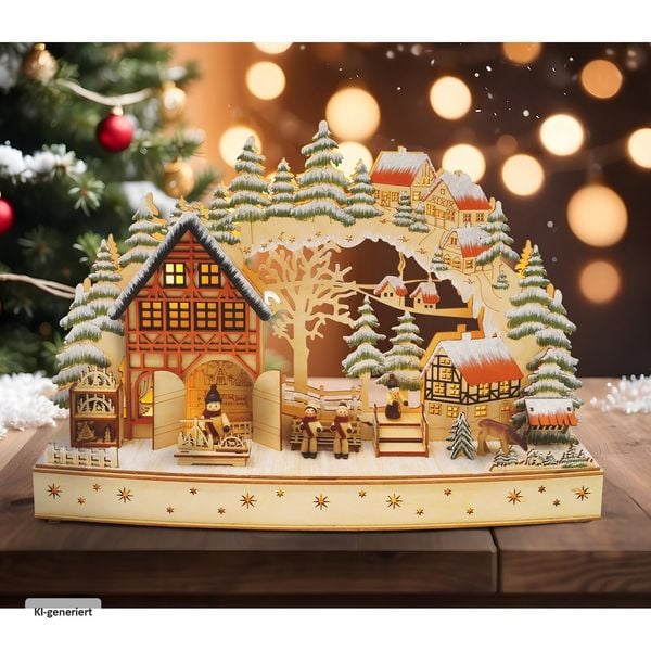 Produktbild: HTI-Living Traditioneller Schwibbogen Holz mit Wintermotiv und Figuren 50 x 30 cm