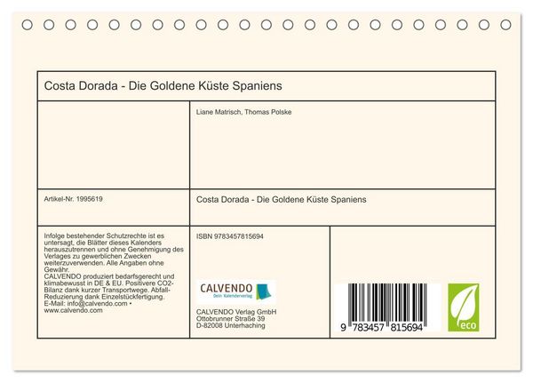 Produktbild: Costa Dorada - Die Goldene K&uuml;ste Spaniens (Tischkalender 2026 DIN A5 quer), CALVENDO Monatskalender