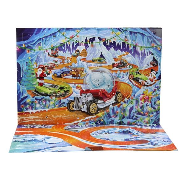 Produktbild: Hot Wheels Adventskalender 2026, 10 Spielzeugfahrzeuge im Ma&szlig;stab 1:64, 14 Zub