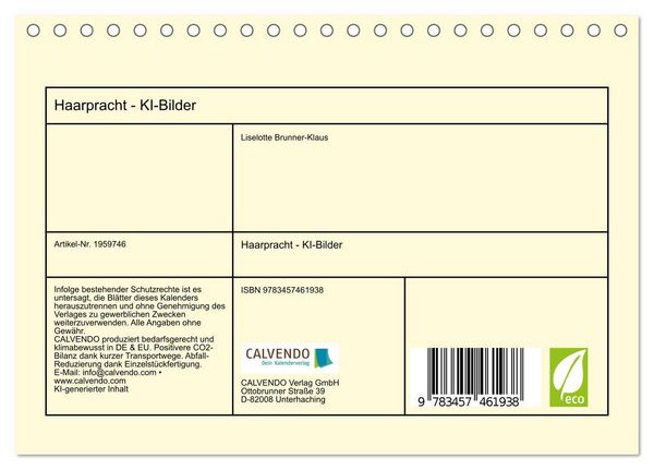 Produktbild: Haarpracht - KI-Bilder (Tischkalender 2026 DIN A5 quer), CALVENDO Monatskalender