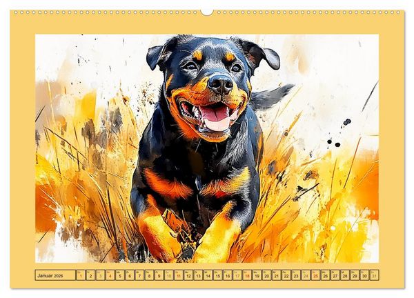 Produktbild: Kraftvolle Rottweiler. Stattliche Begleithunde im Aquarell-Stil (hochwertiger Premium Wandkalender 2026 DIN A2 quer), Kunstdruck in Hochglanz