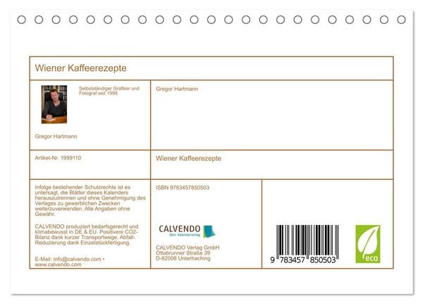 Produktbild: Wiener Kaffeerezepte (Tischkalender 2026 DIN A5 quer), CALVENDO Monatskalender
