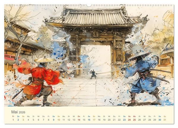 Produktbild: Samurai - whimsical inked style (hochwertiger Premium Wandkalender 2026 DIN A2 quer), Kunstdruck in Hochglanz