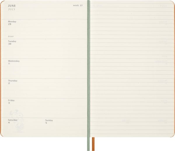 Produktbild: Moleskine 12 Monate Peanuts Snoopy Tomorrow Wochen Notizkalender 2026, L/A5, 1 Wo = 1 Seite, fester Einband, Kadmiumorange